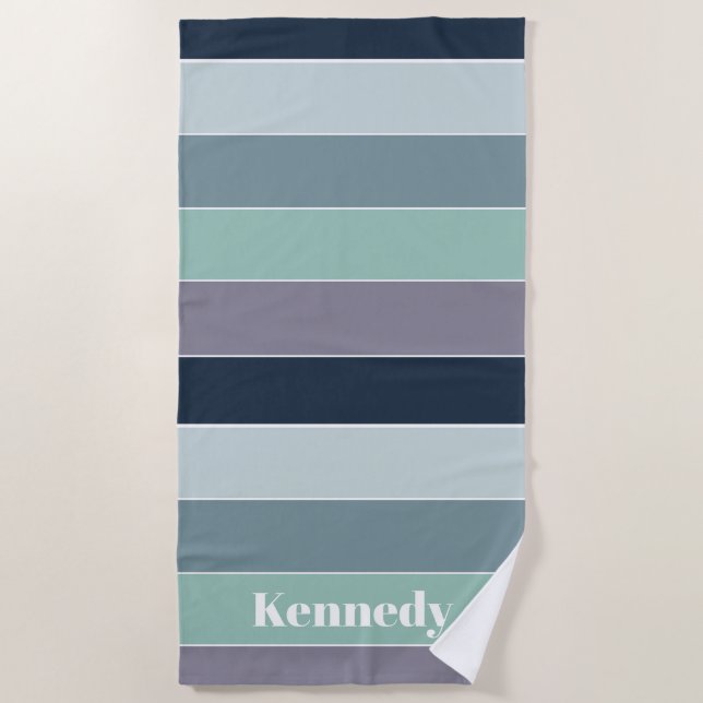 Blue Green Custom Summer Colour Block Stripes Beach Towel (Front)