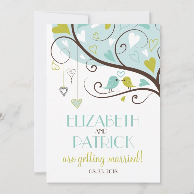 Blue & Green | Cute Lovebirds Wedding Invitation (Back)