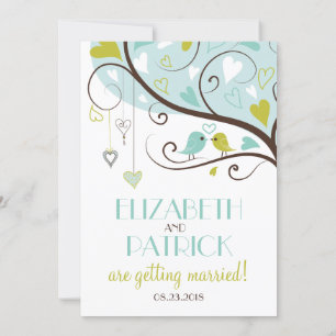 Blue & Green   Cute Lovebirds Wedding Invitation