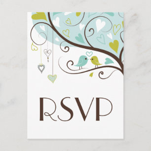 Blue & Green Cute Lovebirds Wedding RSVP Postcard