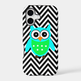 Blue Green Cute Owl Black Chevron Pattern