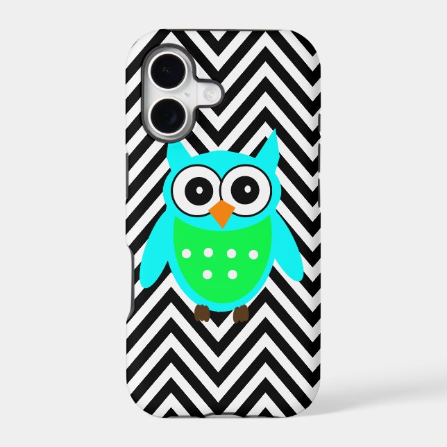 Blue Green Cute Owl Black Chevron Pattern (Back)