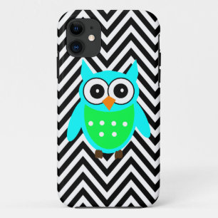 Blue Green Cute Owl Black Chevron Pattern iPhone 11 Case