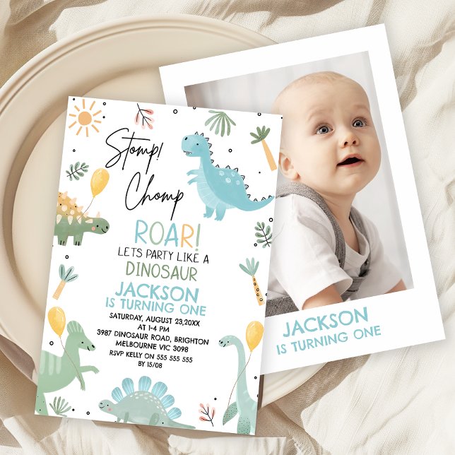 Blue Green Cute Photo Dinosaur Themed Birthday  Invitation (Cute Dinosaur Themed 1st Birthday Invitation with Photo,
Dino Birthday Invite, Party Like Dinosaur)
