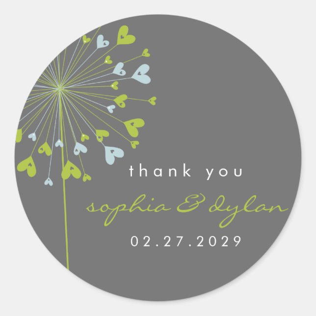 Blue & Green Dandelion Flower Love Hearts Wedding Classic Round Sticker (Front)