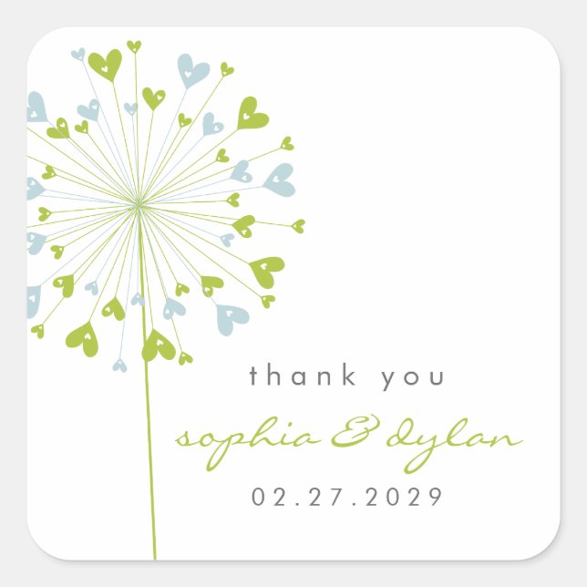 Blue & Green Dandelion Flower Love Hearts Wedding Square Sticker (Front)