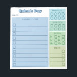 Blue Green Day Tracker Tasks Steps Meds Notepad<br><div class="desc">Practical notepad to help you keep track of your daily habits, making sure you drink enough water, stretch at least once every hour during an eight-hour work day, take the number of steps you need, and remember to take your meds or vitamins! There's also a handy to-do list with ten...</div>