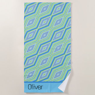 Blue Green Diagonal Diamond Retro Name Beach Towel