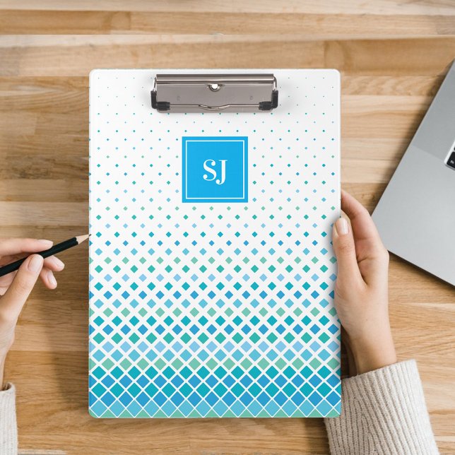 Blue Green Diamond Pattern Monogram Clipboard (Creator Uploaded)
