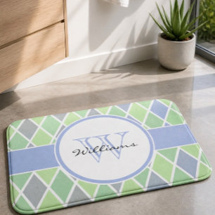 Blue & Green Diamond Pattern Personalised Bath Mat
