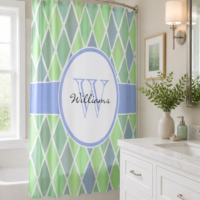 Blue & Green Diamond Pattern Personalised Shower Curtain (Creator Uploaded)