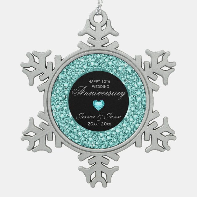 Blue-Green Diamonds Glitter 10th Anniversary Snowflake Pewter Christmas Ornament (Front)