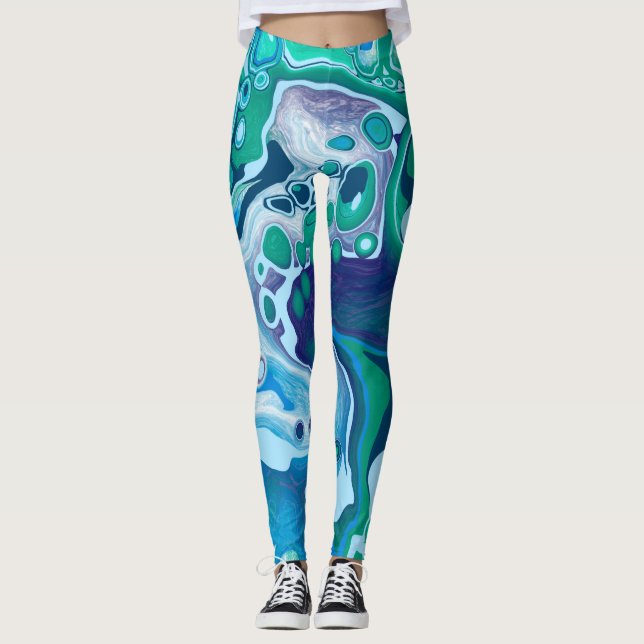 Blue Green Digital Marble Fluid Art    Leggings (Front)