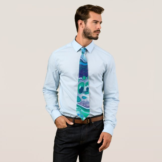 Blue Green Digital Marble Fluid Art   Tie (In Situ)