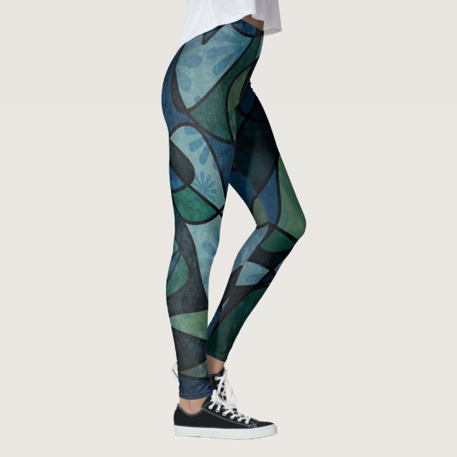 Blue Green Digital Stained Glass Unique Abstract Leggings (Right)