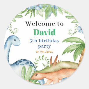 Blue & Green Dinosaur floral birthday party  Classic Round Sticker