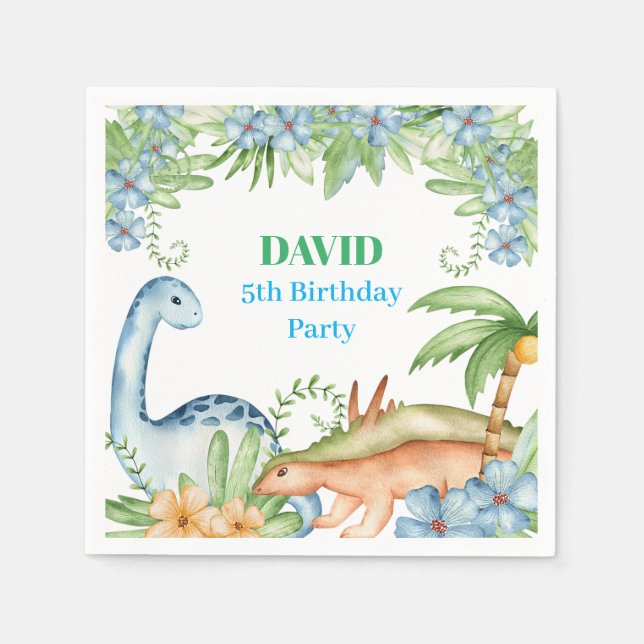 Blue & Green Dinosaur floral birthday party  Napkin (Front)