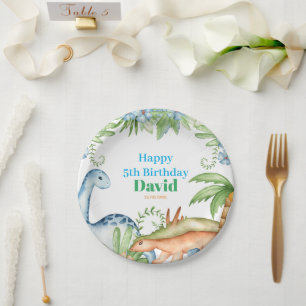 Blue & Green Dinosaur floral birthday party Paper Plate