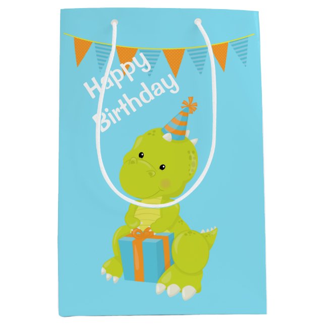 Blue Green Dinosaur Kids Birthday Medium Gift Bag (Front)