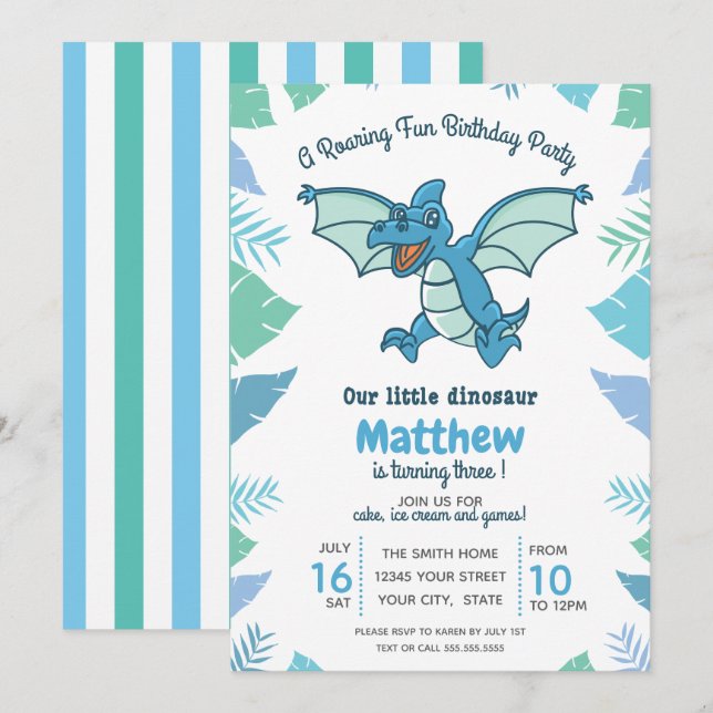 Blue Green Dinosaur Kid's Birthday Party Invitation (Front/Back)