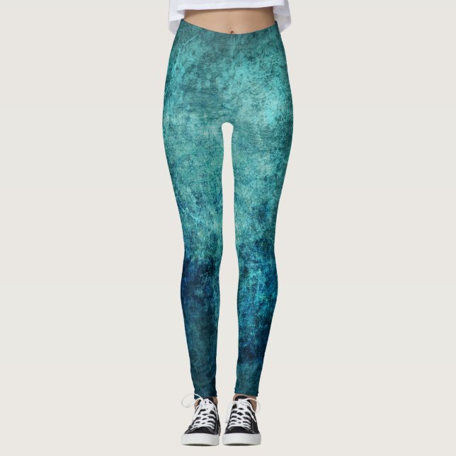 Blue Green Distressed Batik Look Leggings (Front)