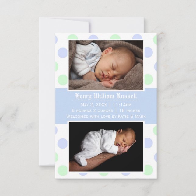 Blue & Green Dots 2 Photos -3x5 Birth Announcement (Front)