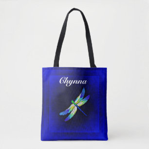 Blue & Green Dragonfly on Blue Geometric Squares Tote Bag