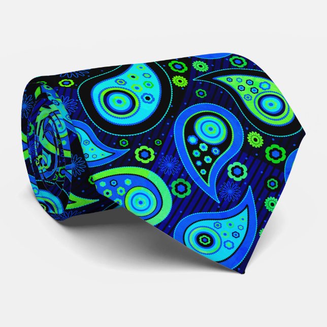 Blue green elegant vintage paisley pattern tie (Rolled)