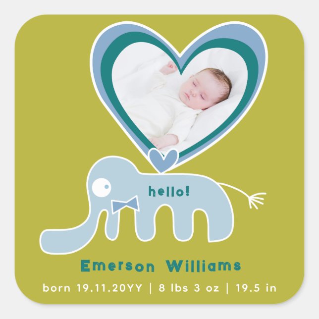 Blue Green Elephant Baby Boy Birth Announcement Square Sticker (Front)