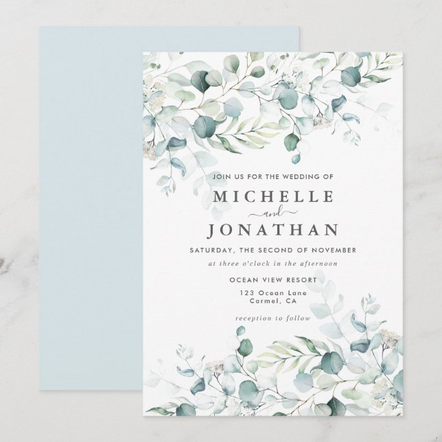 Blue Green Eucalyptus Bouquet Wedding Invitation (Front/Back)