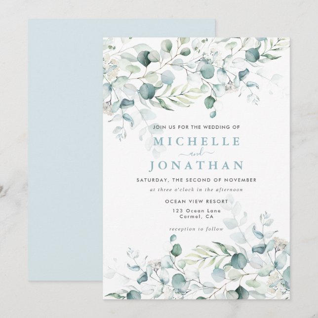Blue Green Eucalyptus Bouquet Wedding Invitation (Front/Back)