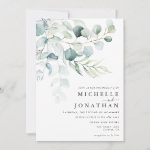 Blue Green Eucalyptus Bouquet Wedding Invitation
