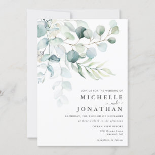 Blue Green Eucalyptus Bouquet Wedding Invitation