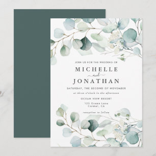 Blue Green Eucalyptus Bouquet Wedding Invitation