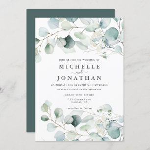Blue Green Eucalyptus Bouquet Wedding Invitation