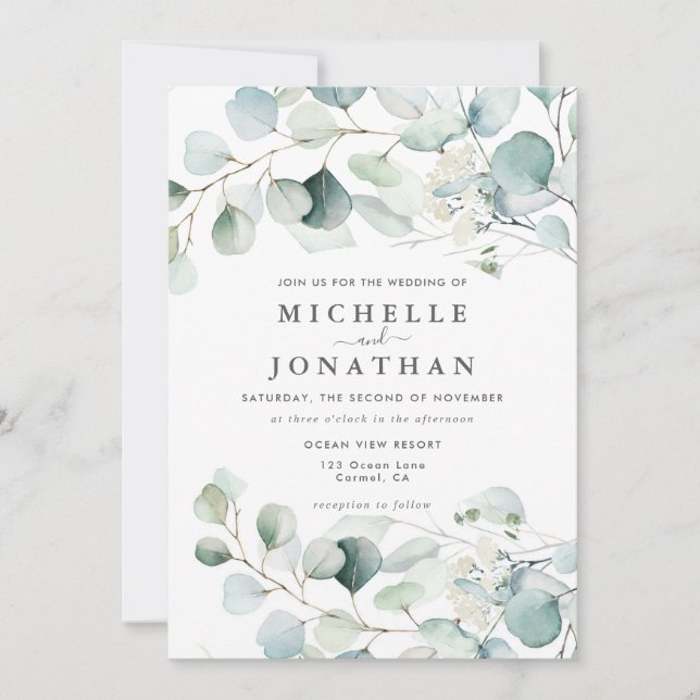 Blue Green Eucalyptus Bouquet Wedding Invitation (Front)