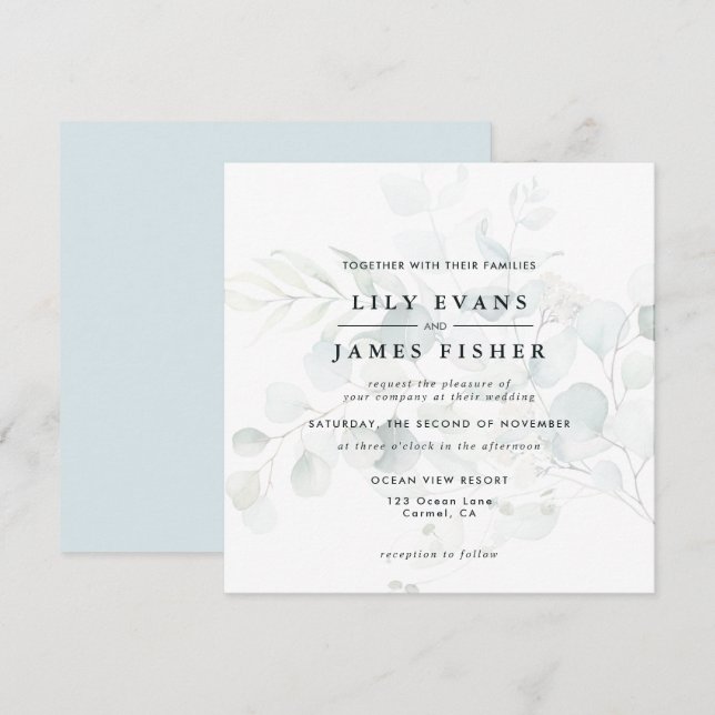 Blue Green Eucalyptus Foliage Bouquet Wedding Dark Invitation (Front/Back)