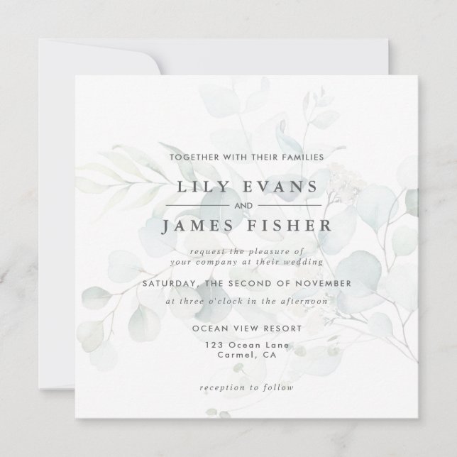 Blue Green Eucalyptus Foliage Bouquet Wedding  Invitation (Front)
