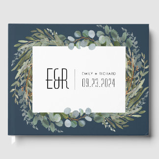 Blue Green Eucalyptus Frame Black on White Guest Book