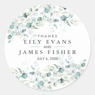 Blue Green Eucalyptus Leaves Wedding Favour Sticke Classic Round Sticker