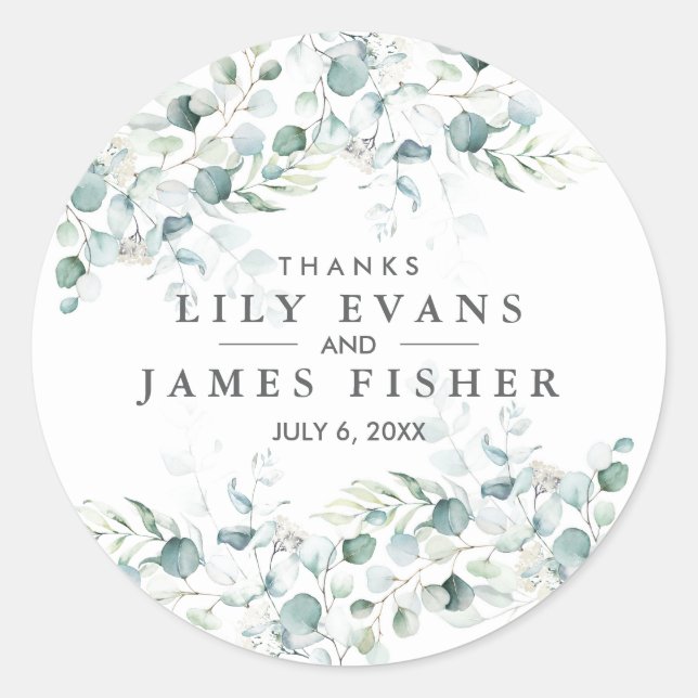 Blue Green Eucalyptus Leaves Wedding Favour Sticke Classic Round Sticker (Front)