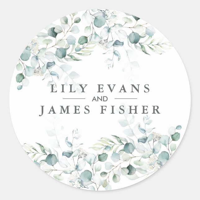 Blue Green Eucalyptus Leaves Wedding Favour Sticke Classic Round Sticker (Front)