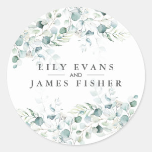 Blue Green Eucalyptus Leaves Wedding Favour Sticke Classic Round Sticker