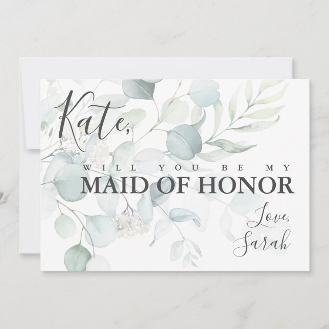 Blue Green Eucalyptus Maid of Honour Proposal Card (Front)