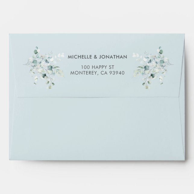 Blue Green Eucalyptus Wedding Invitation Envelope (Back (Top Flap))