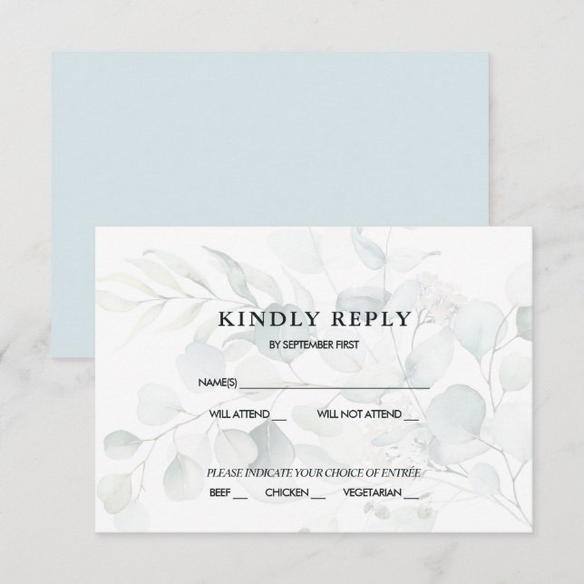 Blue Green Eucalyptus Wedding RSVP Response Dark Invitation (Front/Back)