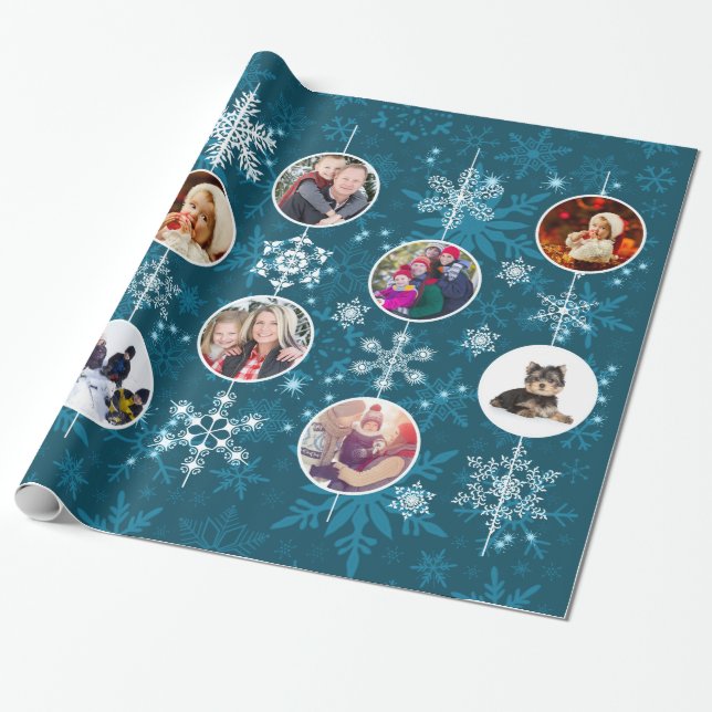 Blue Green Family Photos Teal Snowflake Design Wrapping Paper (Unrolled)