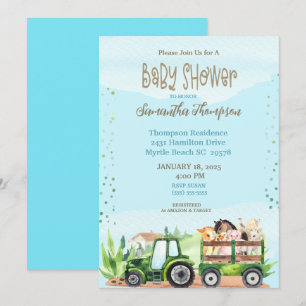 Blue Green Farm Tractor Boys Baby Shower   Invitation