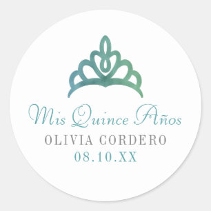 Blue Green Faux Foil Tiara Quinceañera Classic Round Sticker