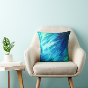 Blue Green Feather Abstract Cushion